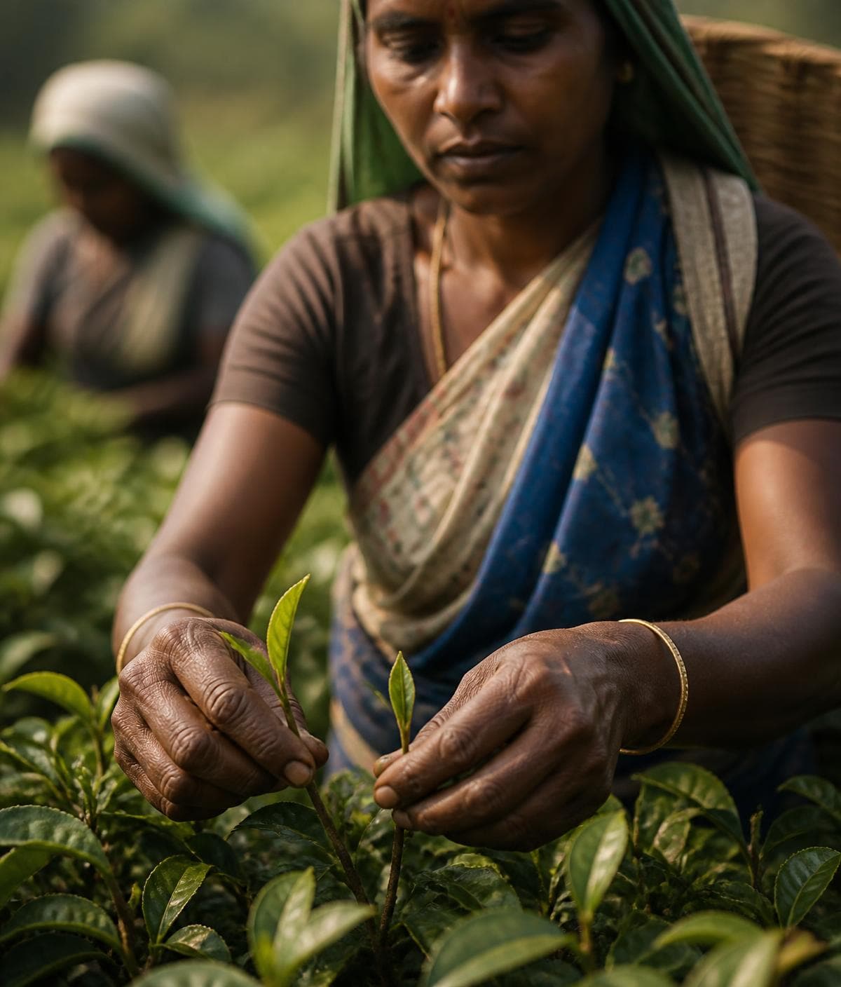 A tea garden worker plucking two leaves and a bud by hand