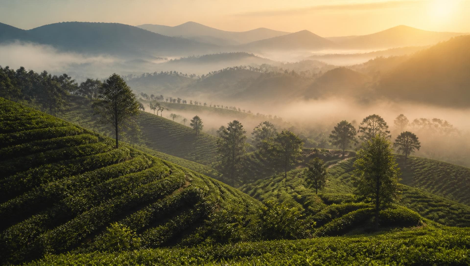 Misty terraced tea gardens at sunrise